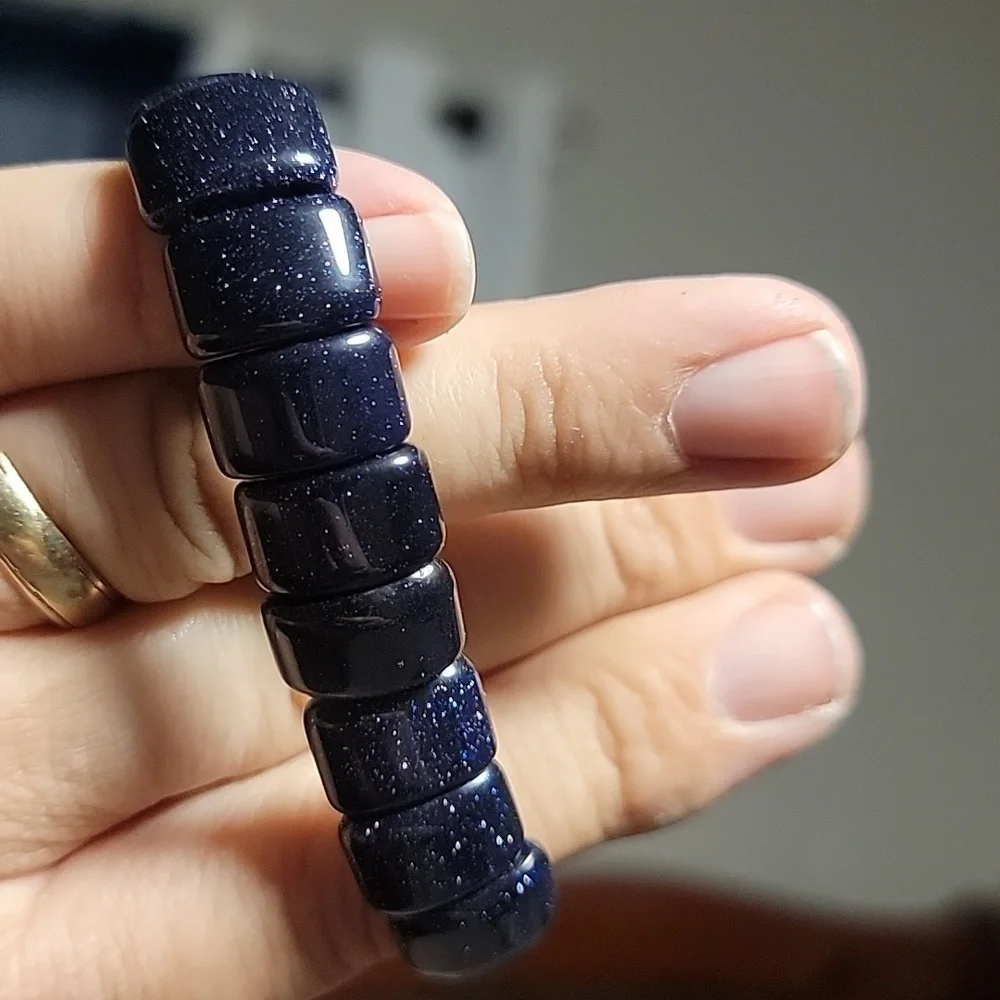 Blue Sandstone Sparkle Aventurine Glass 15mm Beaded Stretch Bracelet - Picture 5 of 6